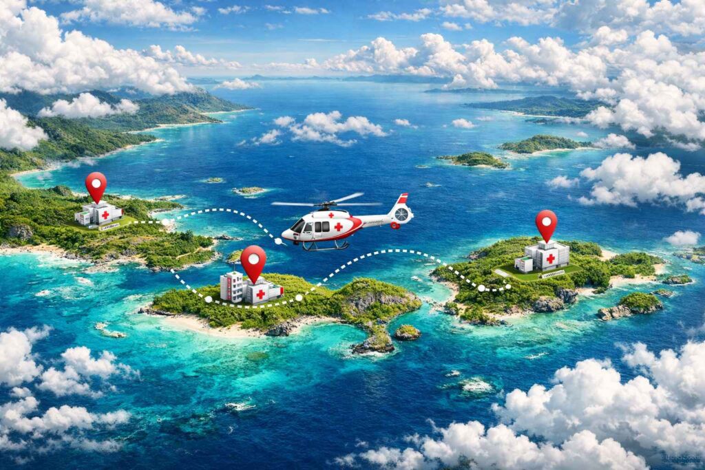 Map of Indonesia showing medical evacuation routes and hospital locations