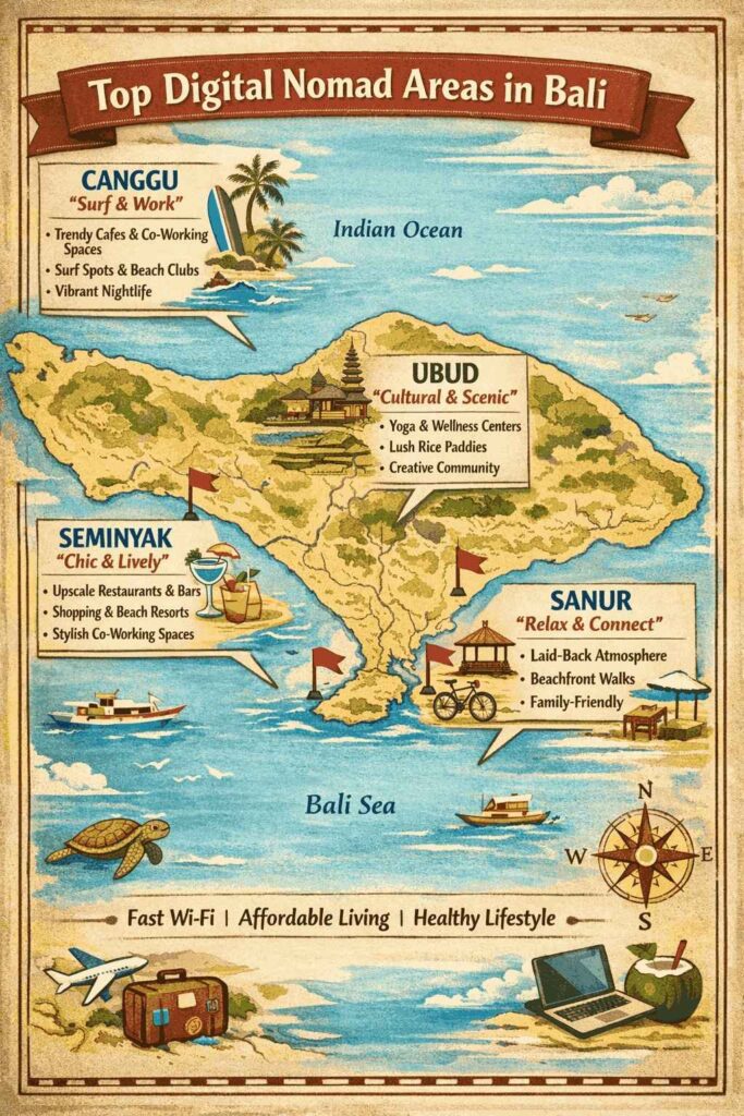  Map showing recommended digital nomad neighborhoods (Canggu, Ubud, Sanur, Seminyak) with key characteristics