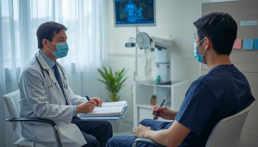 Medical consultation at Bangkok international hospital with specialist doctor explaining treatment options to expatriate patient