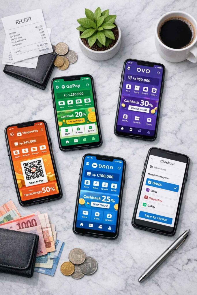 Mobile payment options for Indonesian shopping apps including GoPay, OVO, and ShopeePay