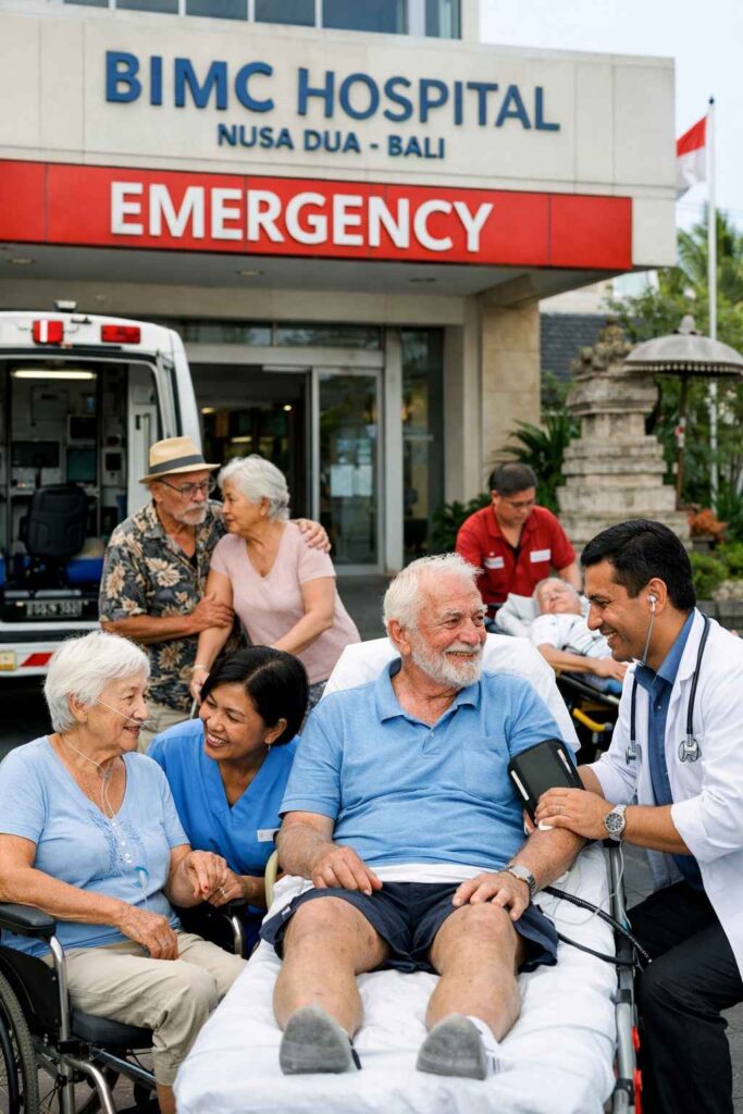 Modern BIMC Hospital emergency entrance in Nusa Dua Bali providing healthcare for retirees in Bali