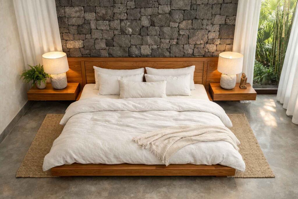 Modern Balinese bedroom design with white linen bedding and natural stone accents