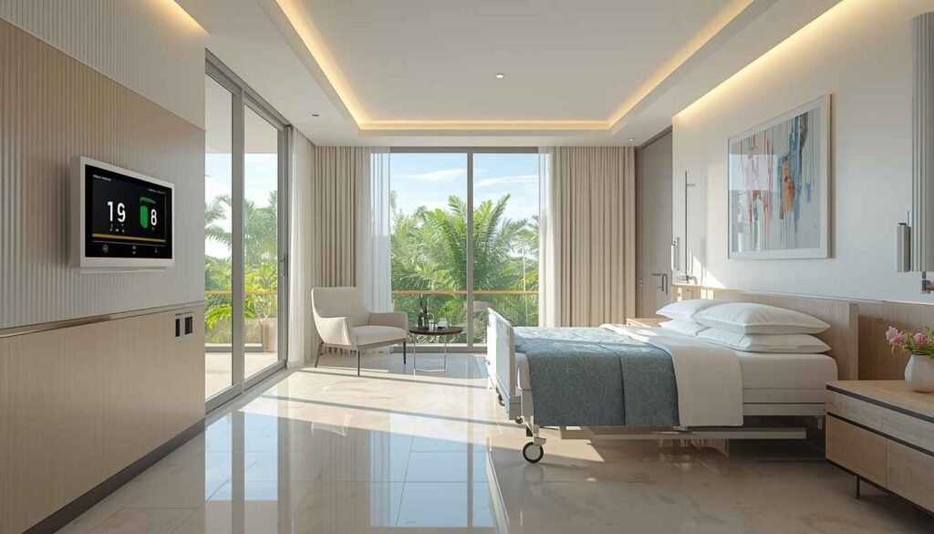 Contemporary medical facility interior at Bali International Hospital showing clean hospital room with modern equipment