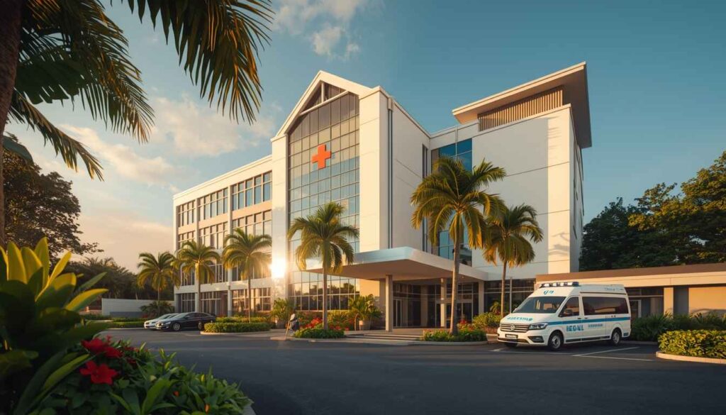 Modern private hospital exterior in Bali with international healthcare facilities and emergency services entrance