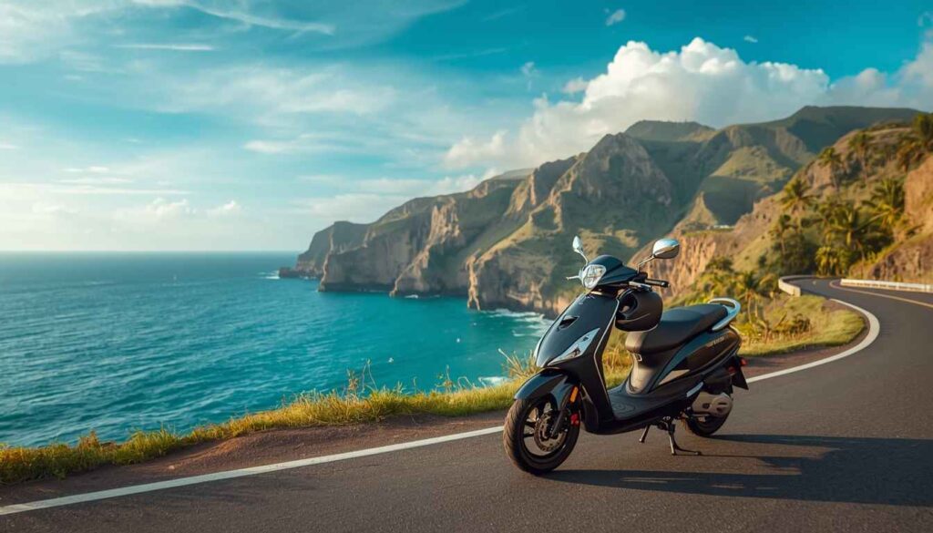 Motorbike parked on scenic coastal road with ocean views and limestone cliffs in background Uluwatu Bali