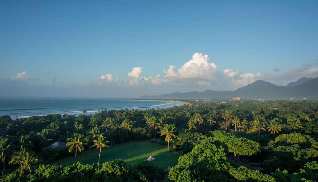 Nusa Dua resort area showing clear morning sky before afternoon rain in February Bali