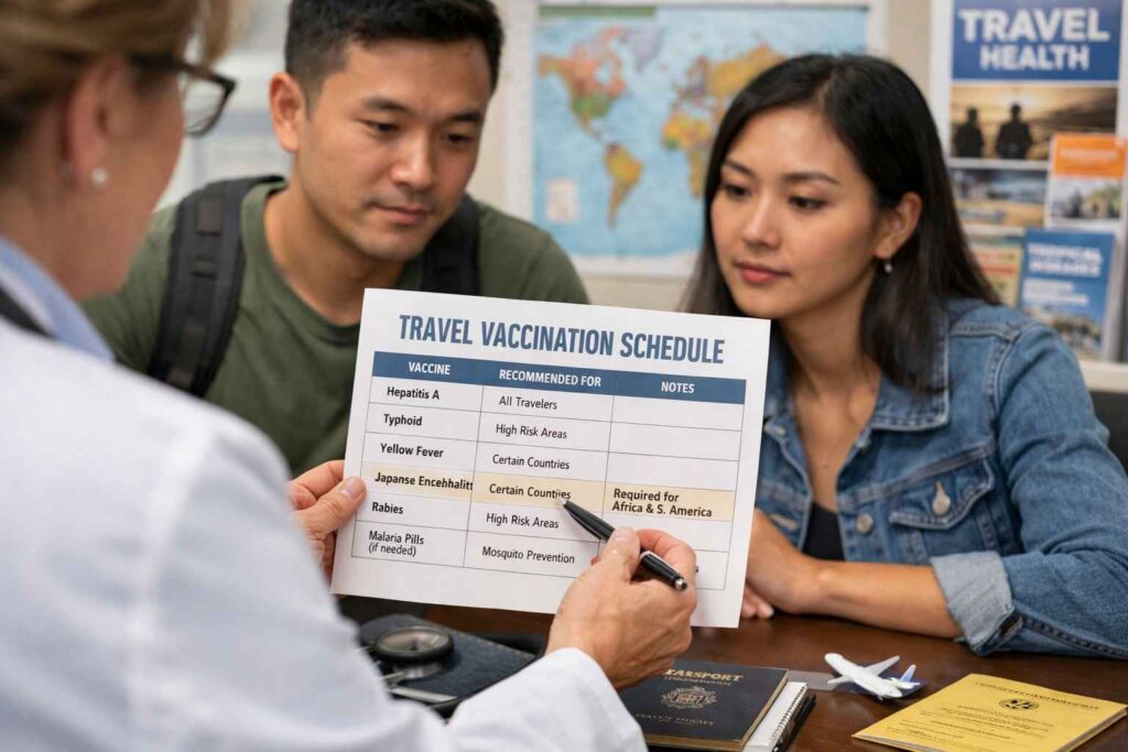 Pre travel health consultation at travel medicine clinic reviewing vaccination schedule