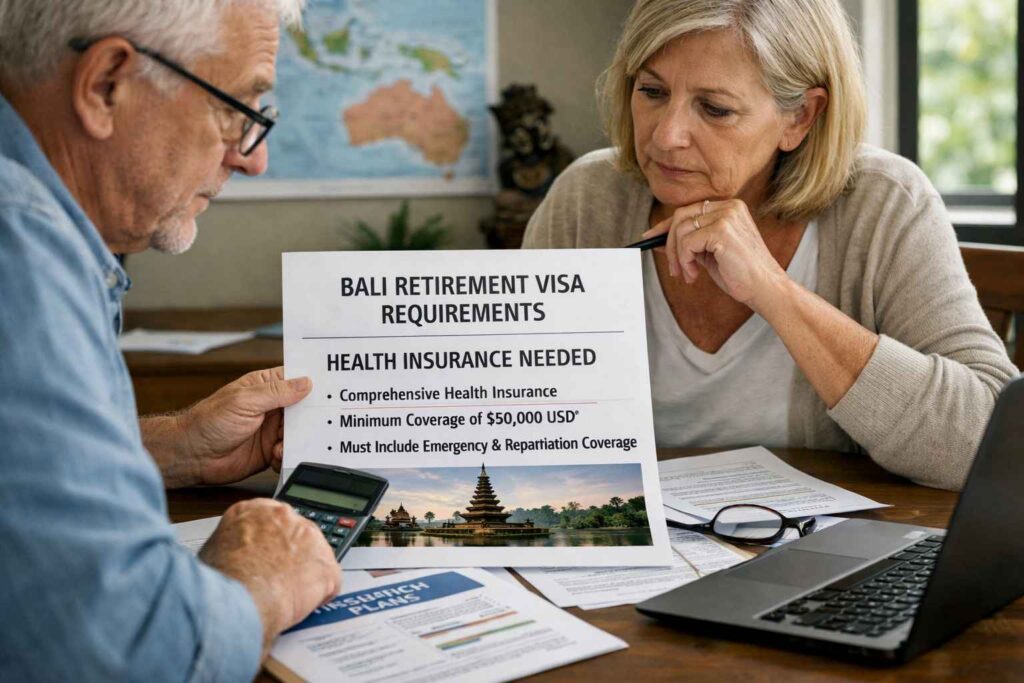 Retired couple reviewing health insurance options for Bali retirement visa requirements