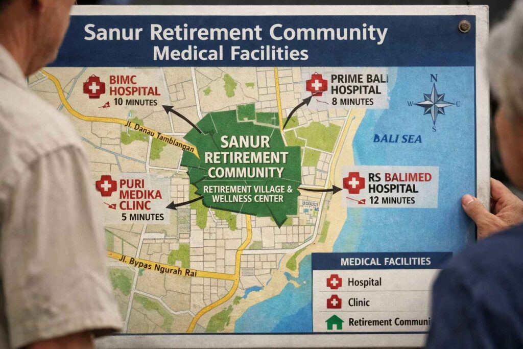 Sanur retirement community medical facilities map showing proximity to hospitals and clinics