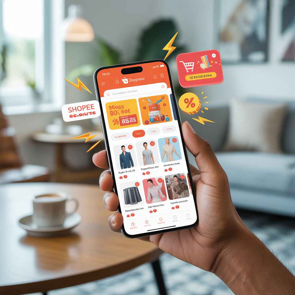 Shopee mobile app interface showing flash sale discounts on smartphone screen in Indonesia