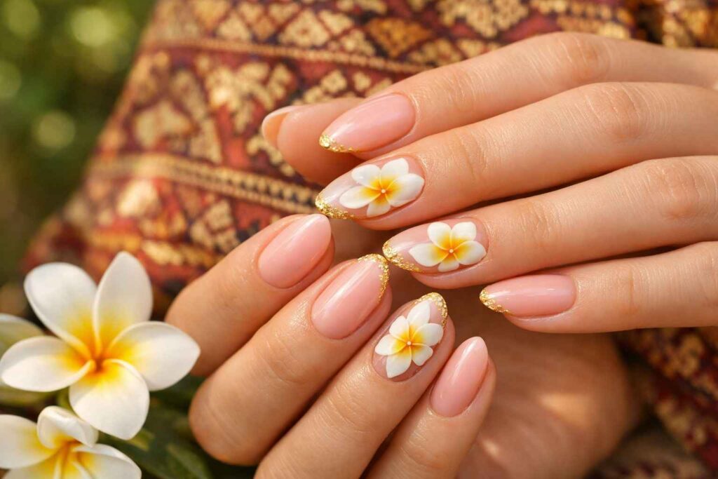Simple bali holiday nails with frangipani flower designs and gold foil