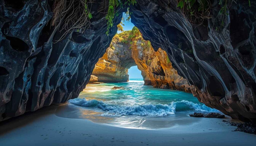 Hidden Suluban Beach cove accessed through rocky cave formations with soft white sand and jagged volcanic rocks
