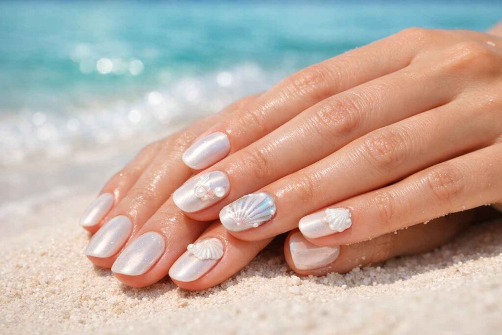 Summer bali holiday nails with shell-inspired designs and glazed donut finish