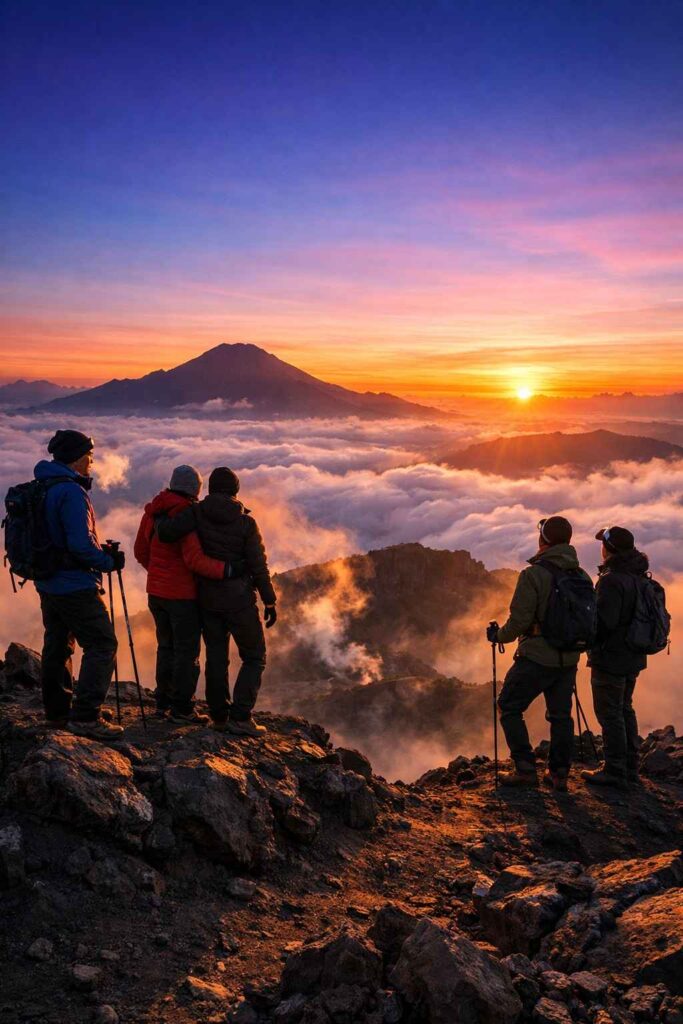 Mount Batur sunrise trek weather conditions showing hikers with warm layers and clear summit views