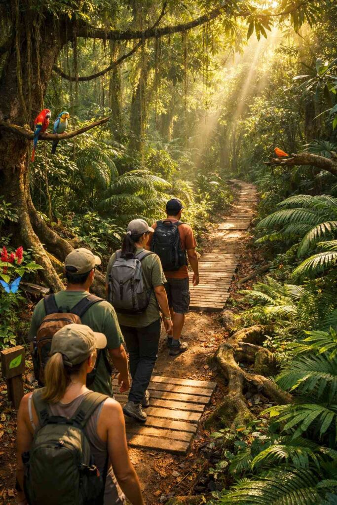 sustainable travel and tourism: Travelers hiking through pristine forest on sustainable ecotourism trail with minimal environmental impact"