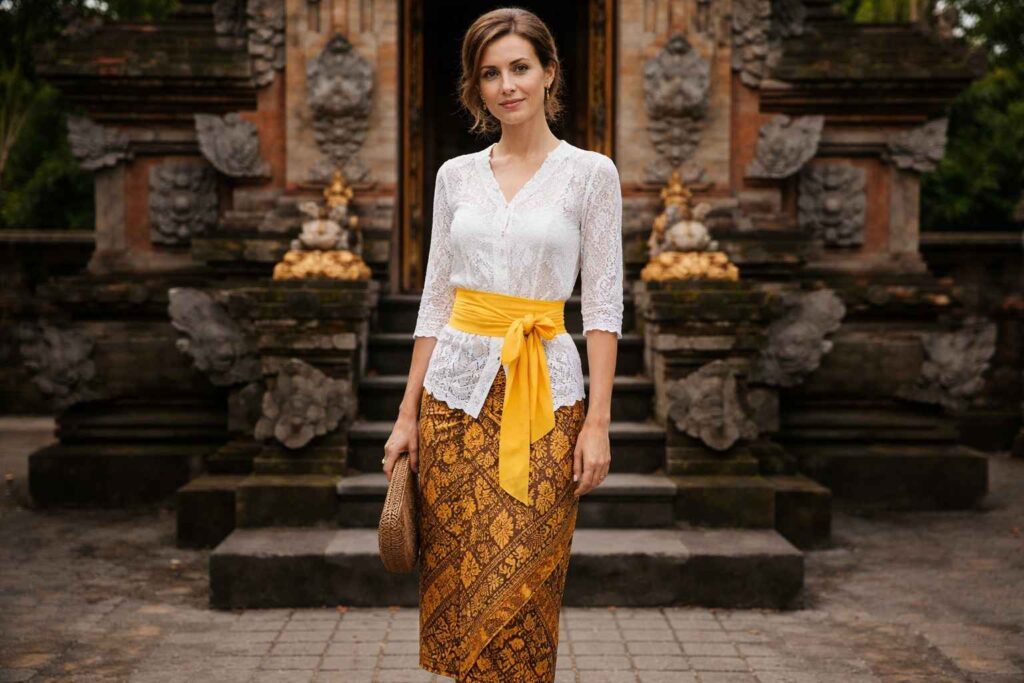 Bali outfit ideas: Temple appropriate modest clothing outfit showing covered shoulders and knees with traditional sarong in Ubud Bali