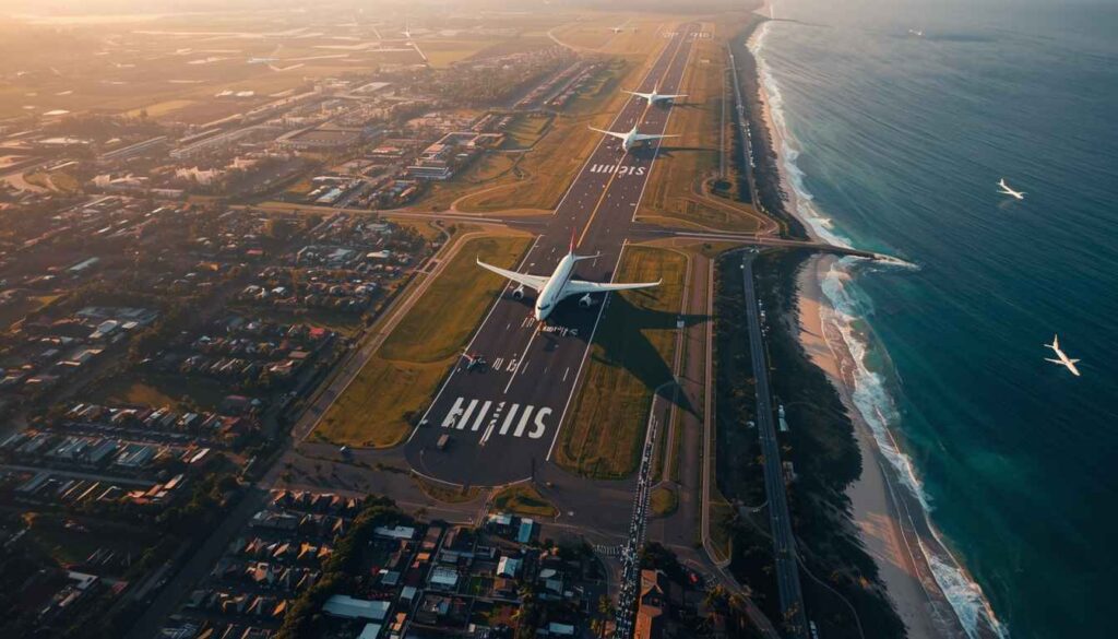 Overhead view of Bali's overcrowded Ngurah Rai Airport surrounded by dense tourist development, illustrating infrastructure strain from concentrated tourism growth in Indonesia