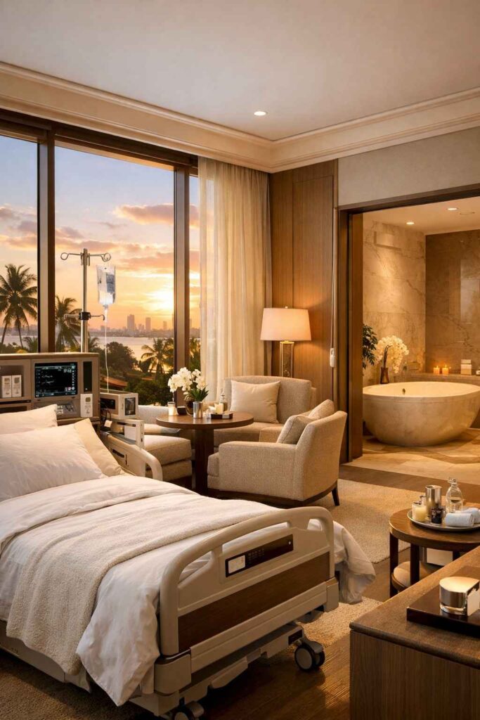 Luxurious hotel recovery suite with medical-grade bed and premium amenities overlooking tropical skyline showing fusion of healthcare and hospitality