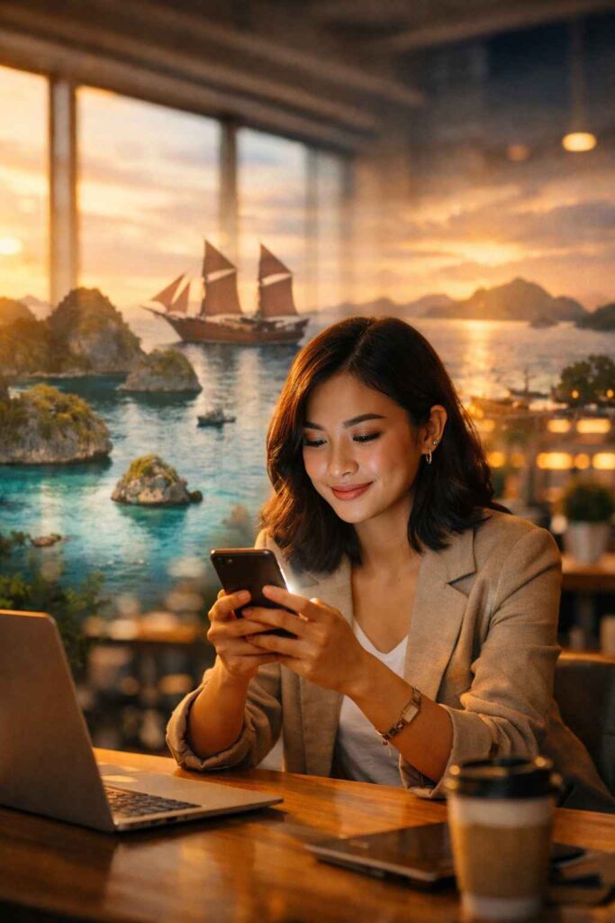 Young Indonesian professional booking domestic travel on smartphone with Raja Ampat seascape overlay representing Indonesia's digital tourism transformation