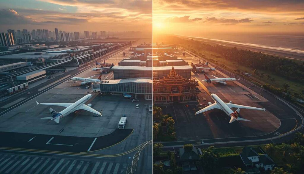 Aerial split-screen view contrasting Jakarta's business-oriented Soekarno-Hatta International Airport with Bali's leisure-focused Ngurah Rai Airport showing Indonesia's dual tourism identity