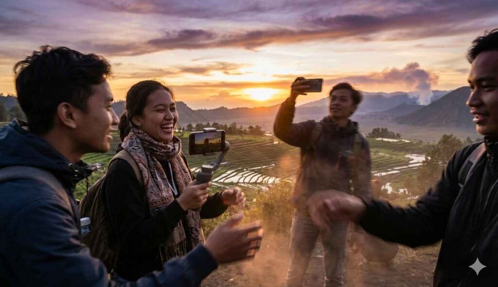 Indonesian millennial and Gen Z travelers photographing scenic landscape with smartphones representing mobile-first domestic tourism growth
