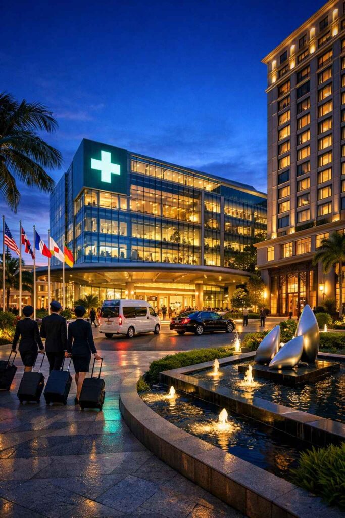 Modern international hospital entrance with connected luxury hotel and arriving airport shuttles depicting comprehensive medical tourism ecosystem at dusk