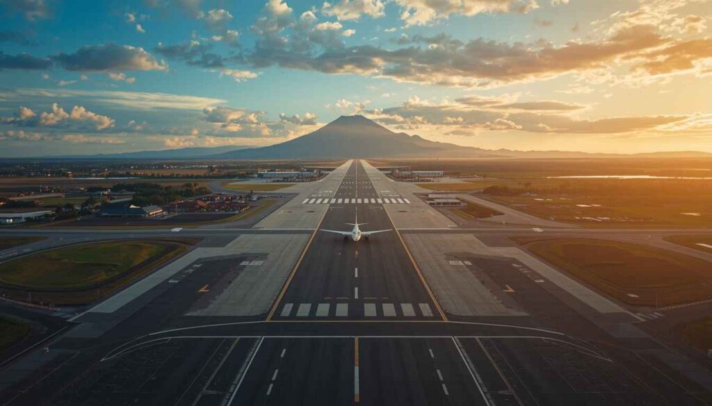 Remote aerial view of Lombok International Airport with minimal traffic and undeveloped surrounding landscape, representing Indonesia's unrealized secondary tourism gateway potential