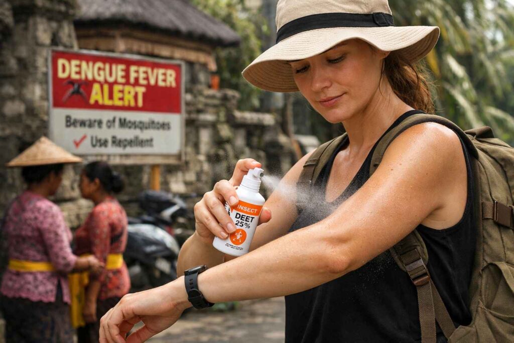 Recommended vaccines for bali travel. Tourist applying DEET insect repellent for dengue fever and mosquito-borne disease prevention in Bali