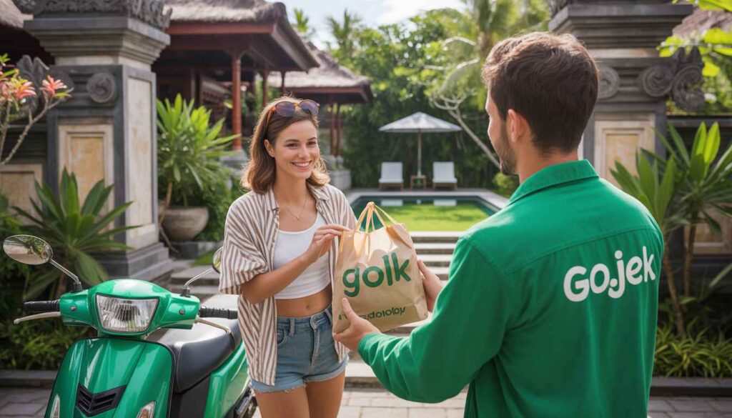 Tourist using Gojek food delivery service GoFood at villa in Canggu Bali