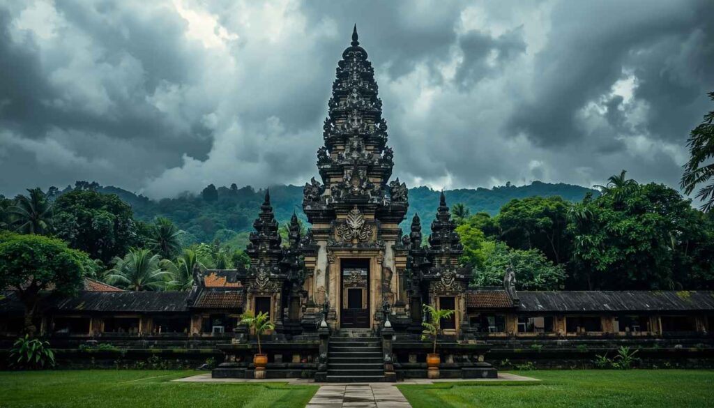 Traditional Balinese temple with wet season greenery and dramatic monsoon clouds overhead
