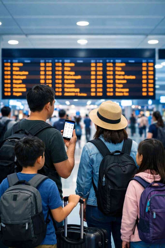 Family of international travelers comparing Southeast Asian flight destinations at modern airport terminal departure board while reviewing costs on mobile device