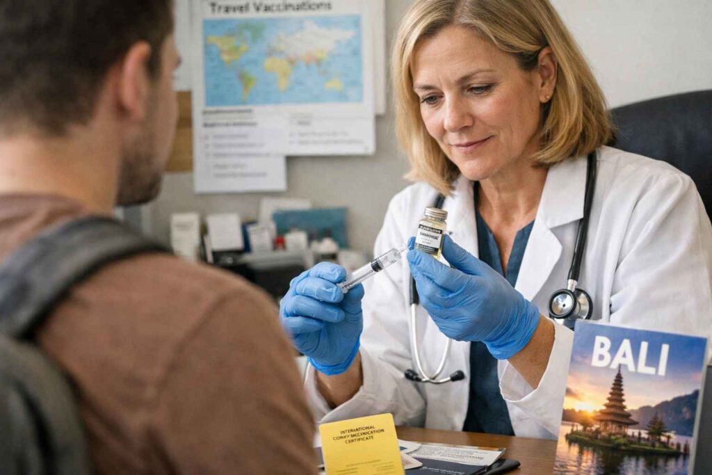 Travel vaccination consultation with doctor preparing hepatitis A vaccine for Bali trip