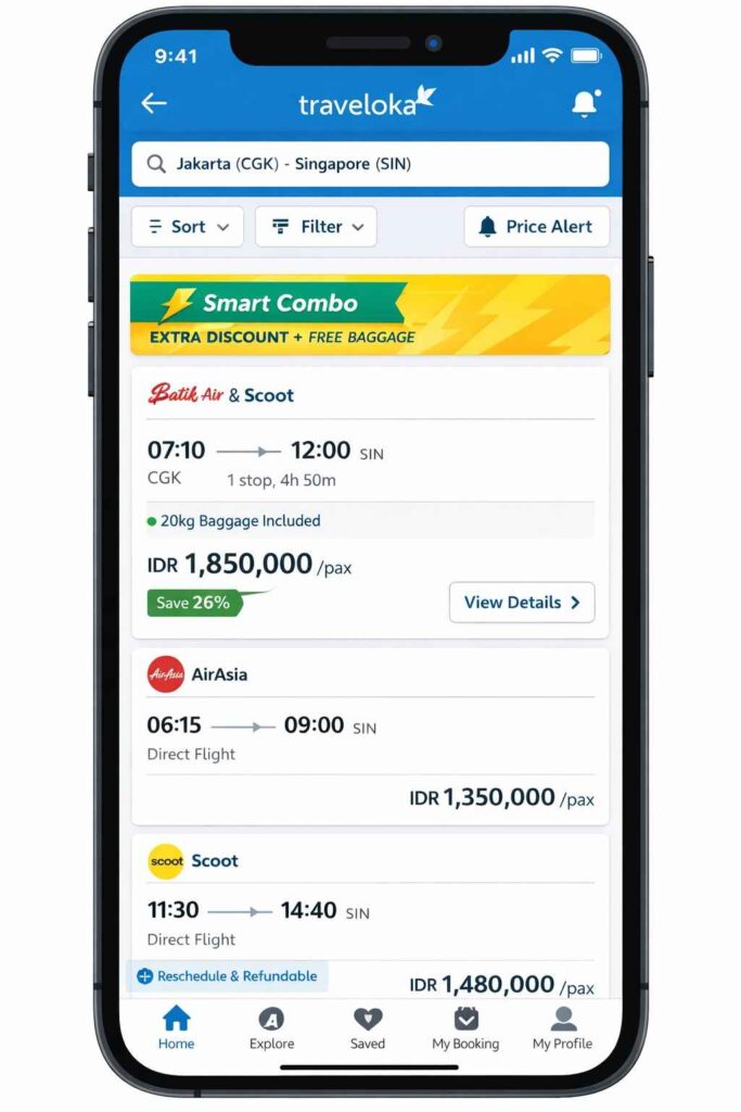 Traveloka Smart Combo booking interface demonstrating multi-airline routing savings