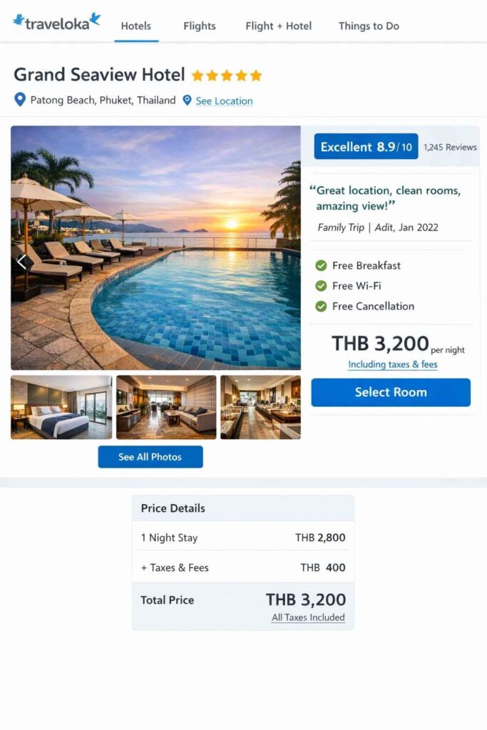 Traveloka hotel booking page showing property photos, reviews, and transparent pricing with taxes included