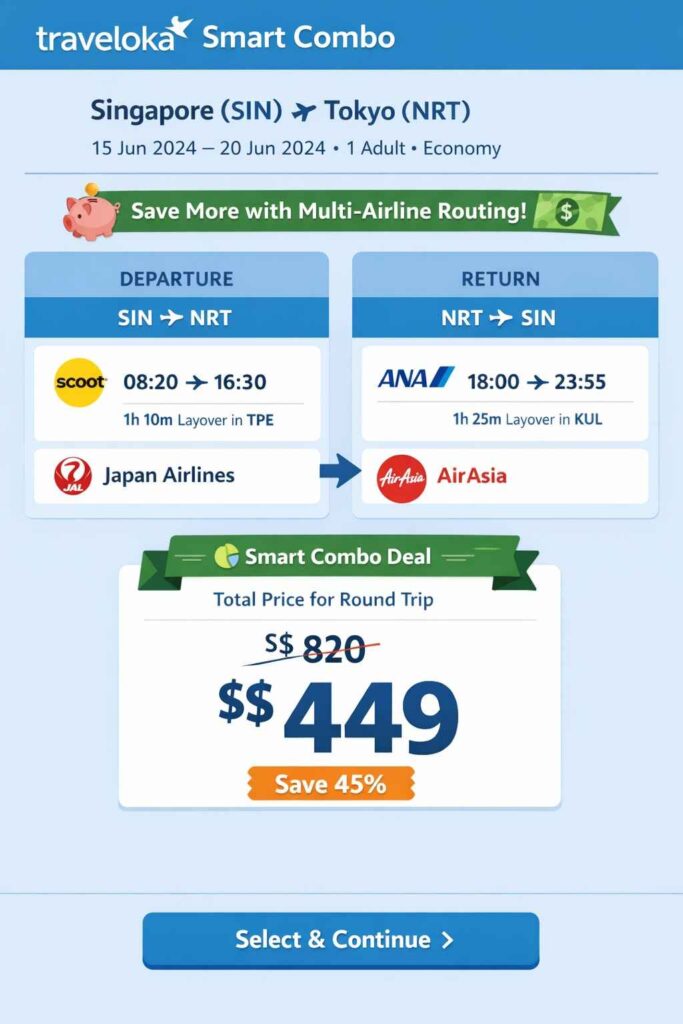 Traveloka mobile app interface showing flight search results with Smart Combo discount highlighted