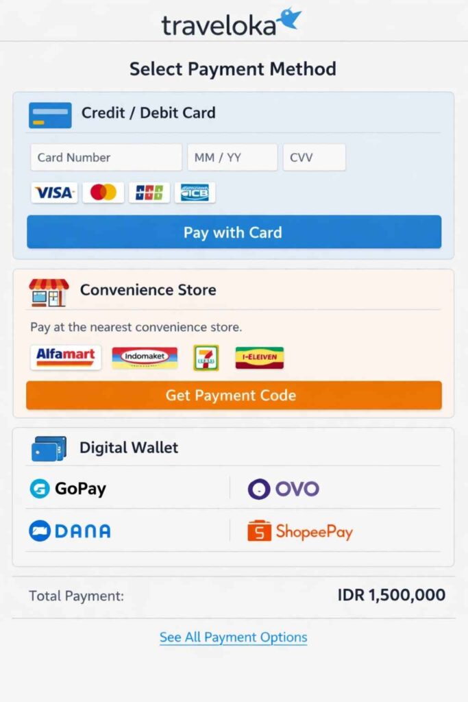 Traveloka payment options screen displaying credit card, convenience store, and digital wallet choices