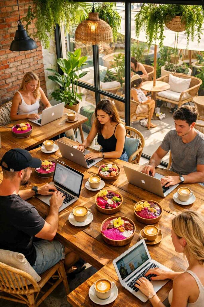 Hipster cafe in Canggu with digital nomads working on laptops and healthy brunch bowls