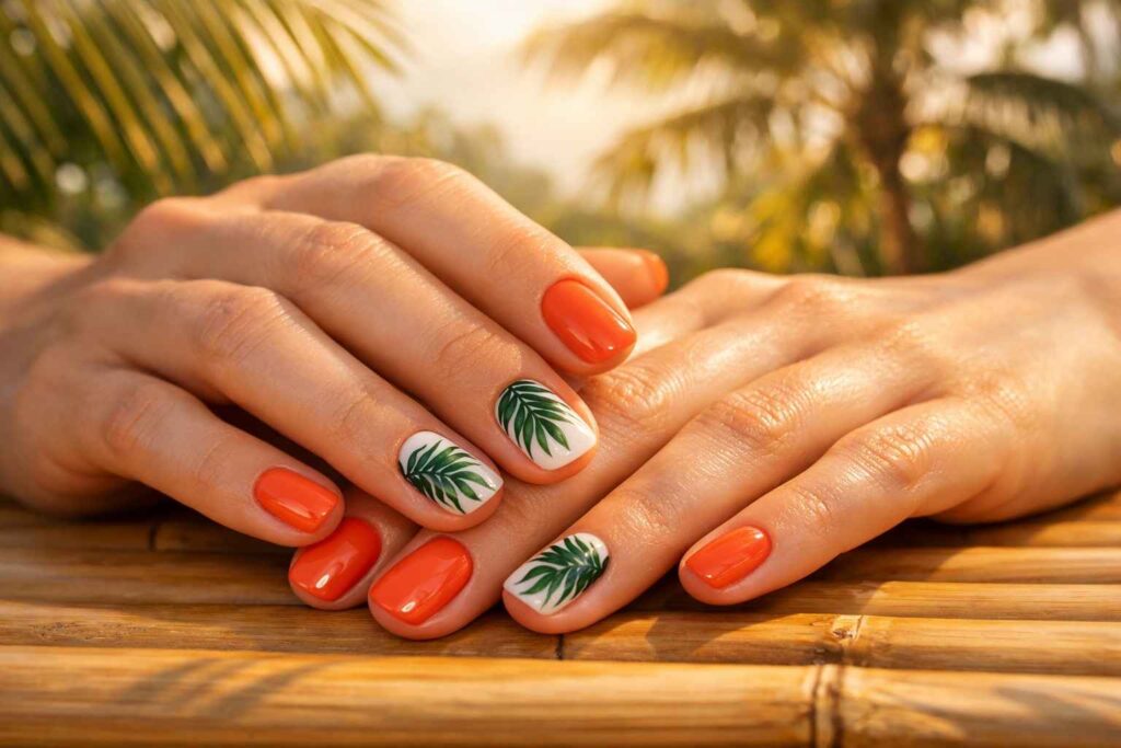 Tropical bali holiday nails ideas with palm leaf accents and coral polish
