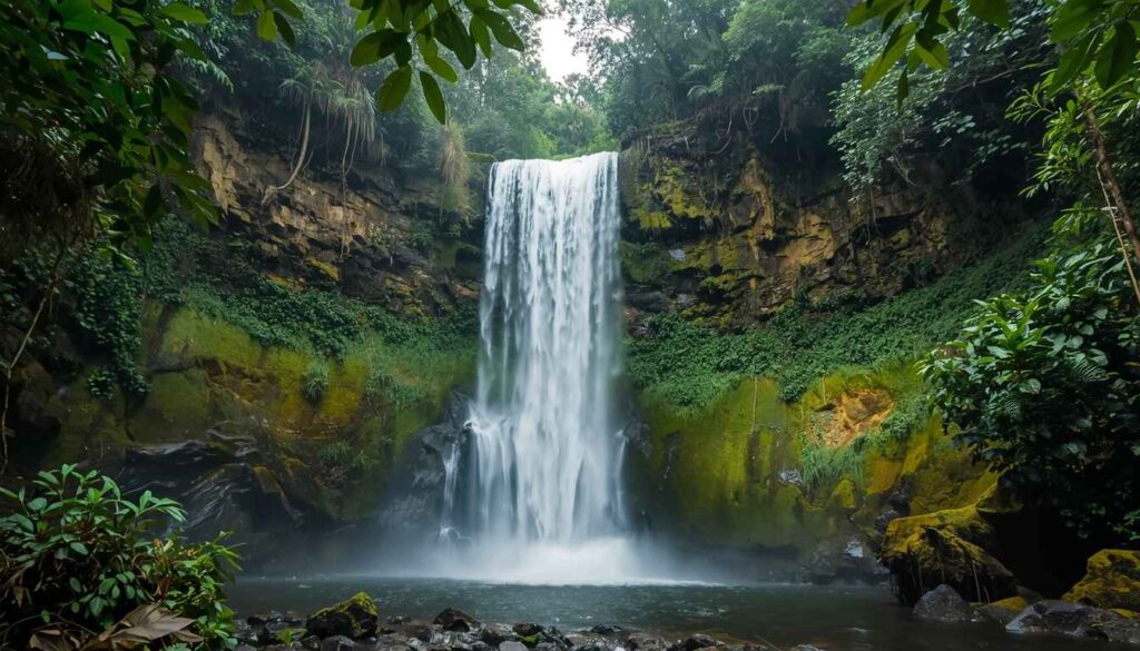 Ubud weather February displaying waterfall at peak flow surrounded by jungle vegetation