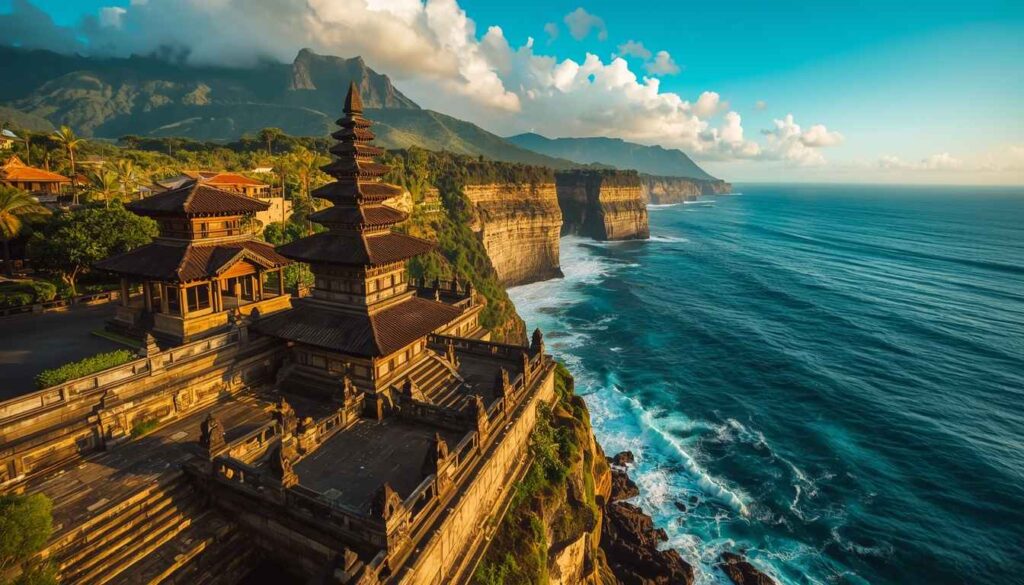Dramatic limestone cliffs at Uluwatu Temple overlooking turquoise Indian Ocean with temple structures on clifftop