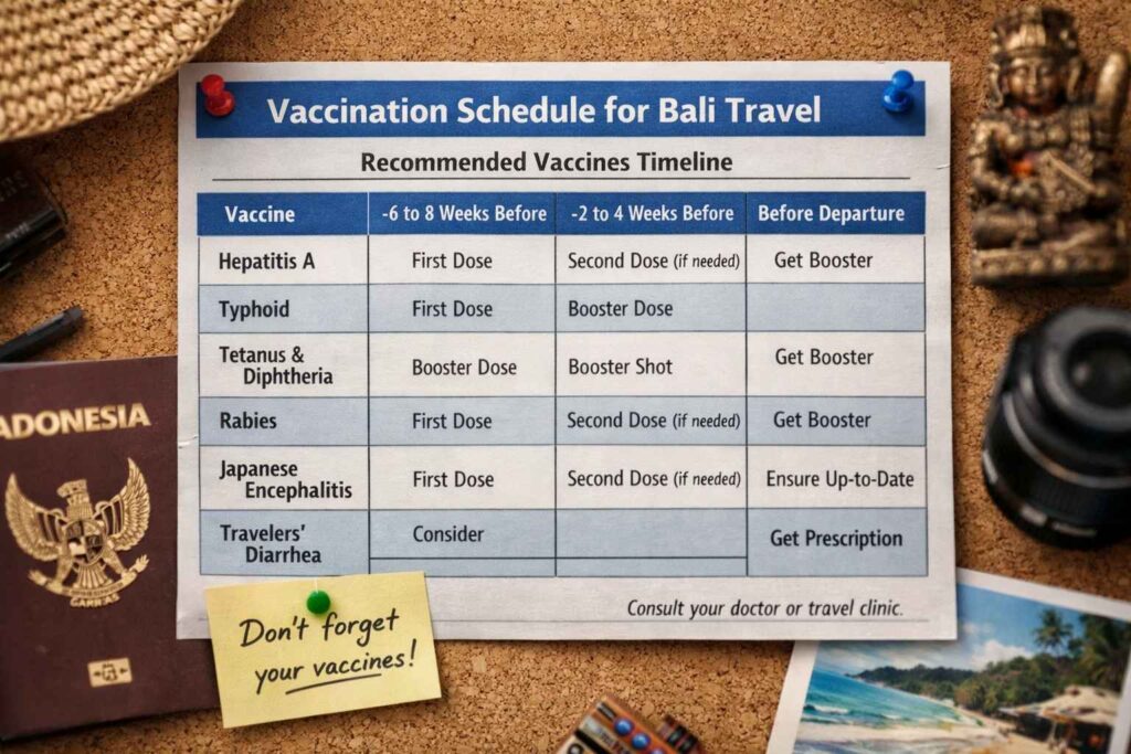 Vaccination schedule chart showing recommended vaccines timeline before Bali travel