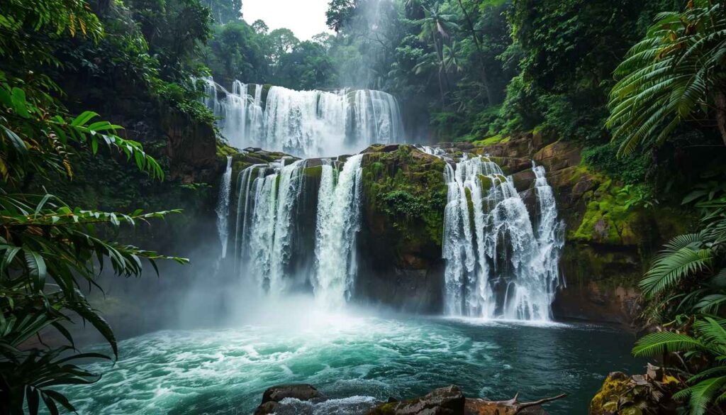 Tropical waterfall in Ubud Bali flowing at high volume during January rainy season with lush jungle surroundings
