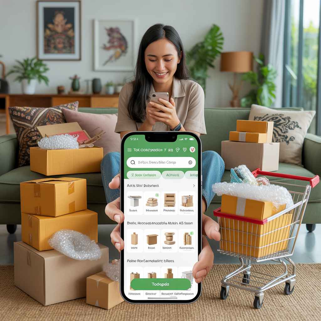 Woman using Tokopedia online shopping app on phone with shopping cart and packages