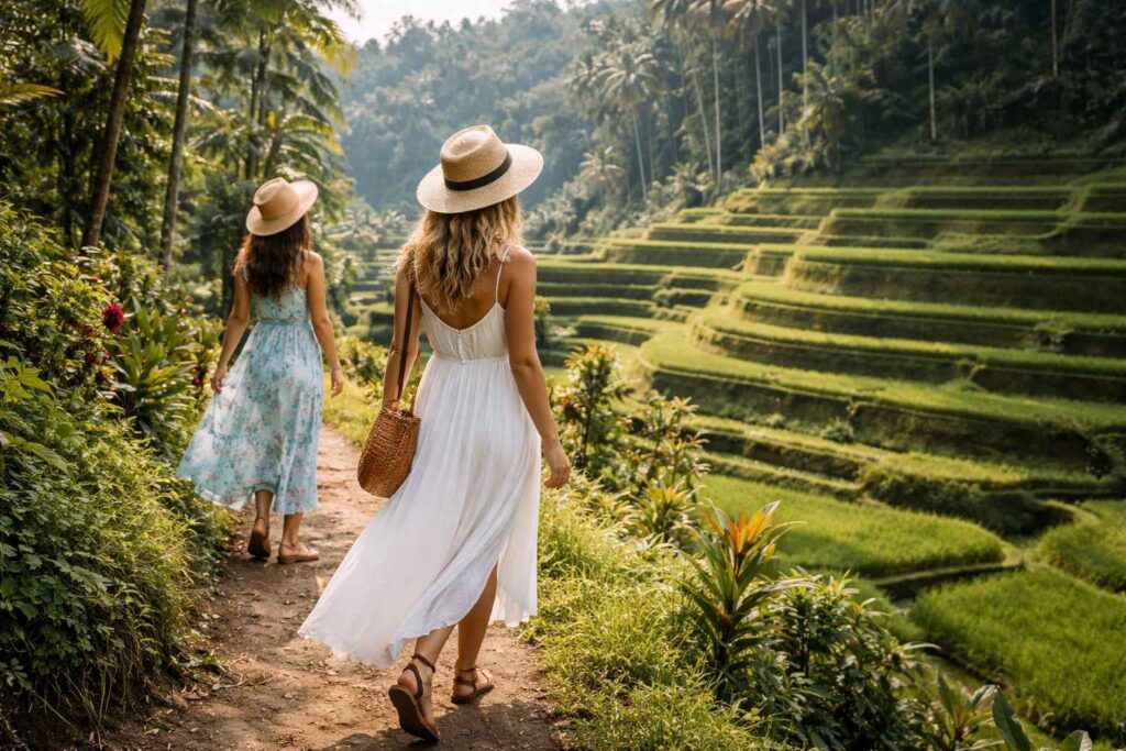 Women wearing flowy dresses and sandals exploring Bali rice terraces with appropriate tropical climate clothing