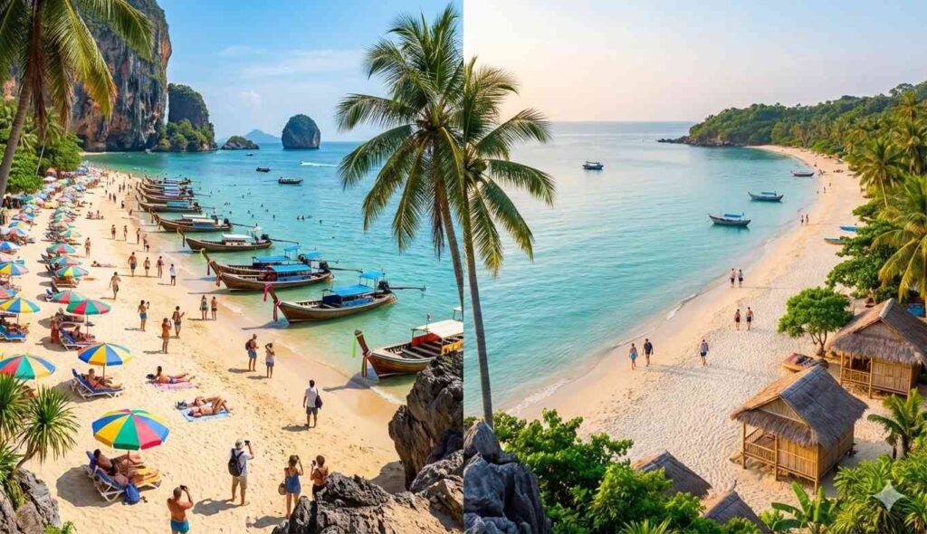 Comparative view of crowded popular Thai beach destination alongside quieter alternative Southeast Asian coastal resort showing regional tourism competition and traveler choices