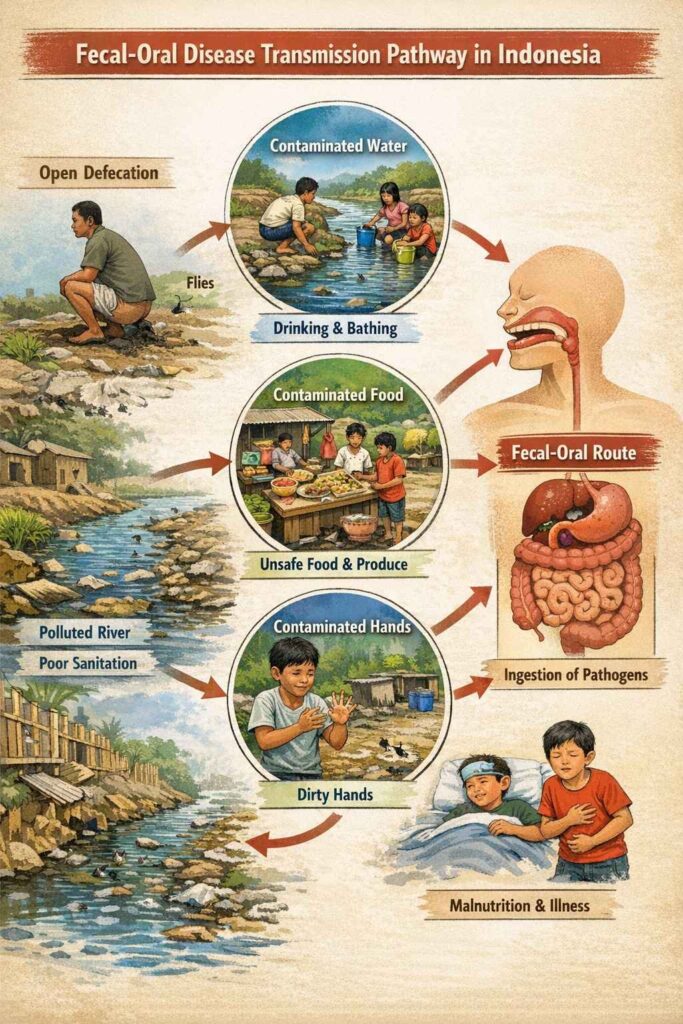 fecal-oral disease transmission pathway from open defecation through water/food/hands to new infections
