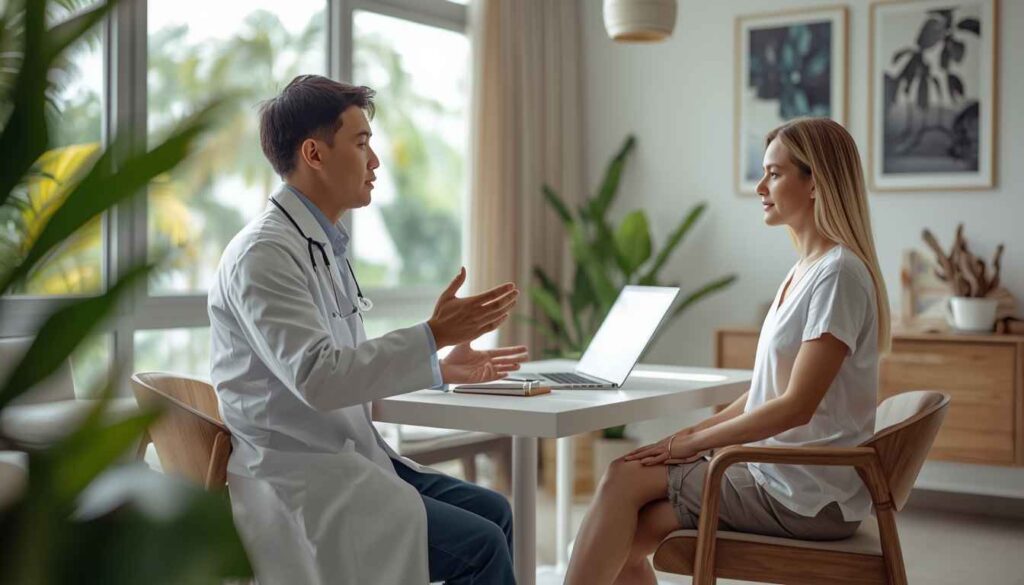 Healthcare options in Bali: English-speaking doctor consulting with expatriate patient at BIMC Hospital Nusa Dua in Bali, Indonesia