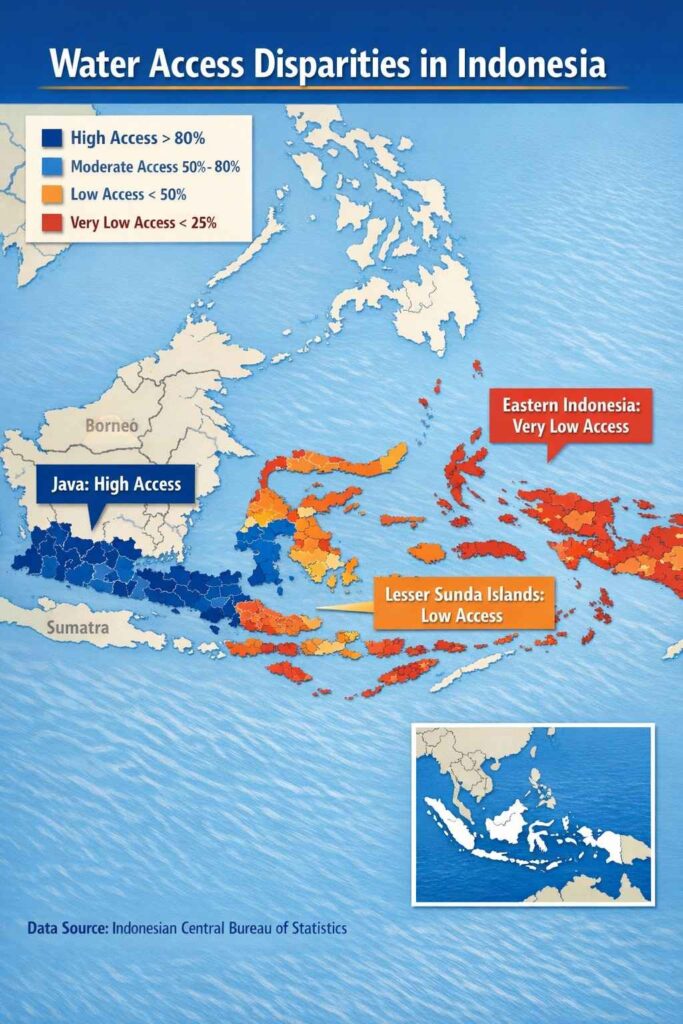 interactive map showing regional water access disparities across Java, Lesser Sunda Islands, and other regions