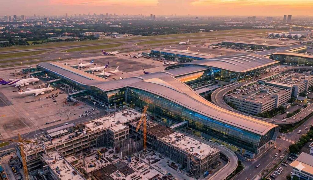 Aerial view of modern Southeast Asian international airport terminal showing extensive infrastructure and ongoing expansion construction at sunset with multiple aircraft and facilities
