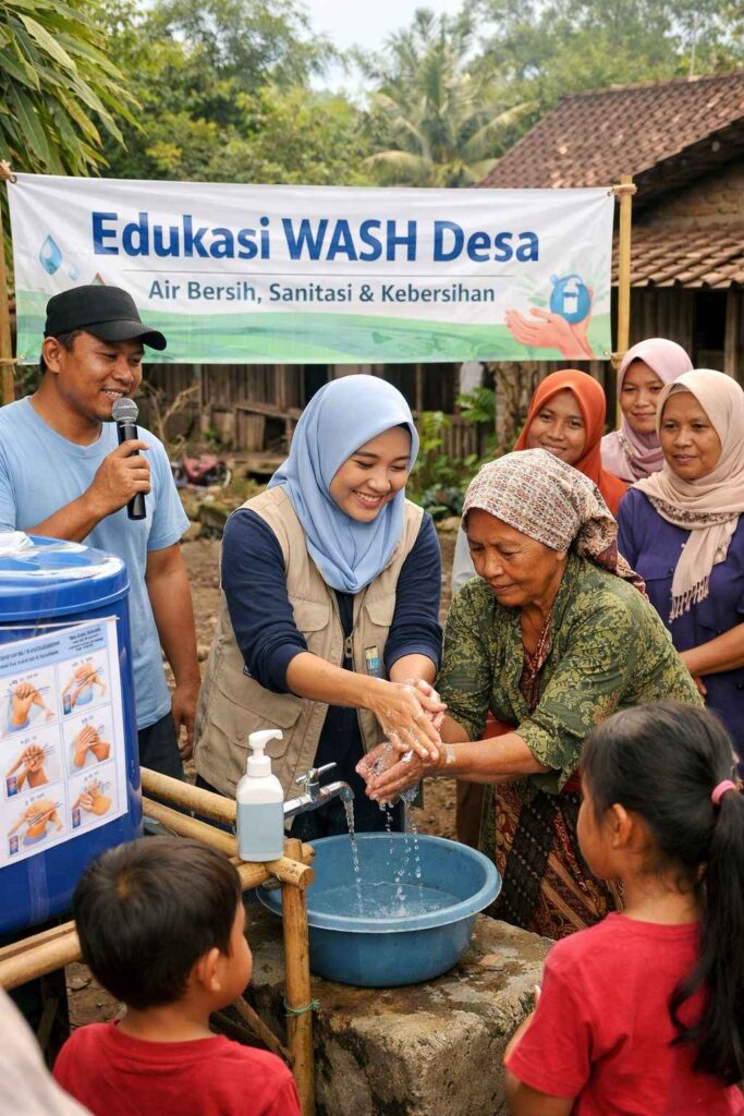 photo of community handwashing demonstration at village WASH education event